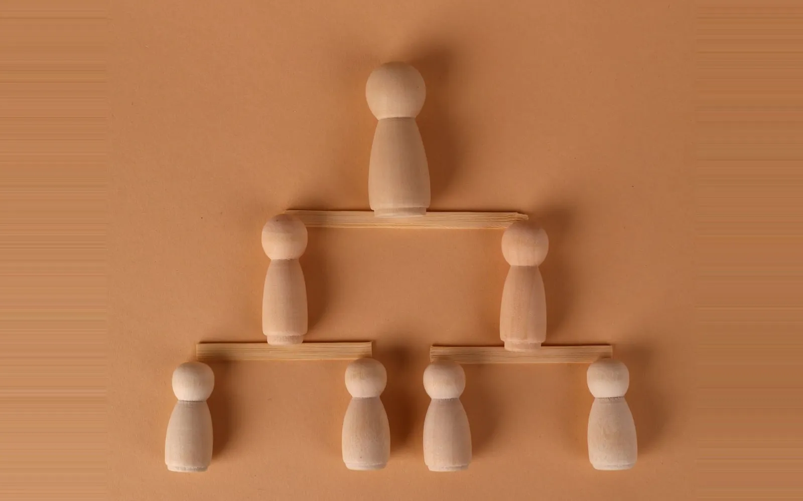 Wooden figures arranged as a hierarchy, one at the top branching down to four below